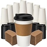 ECOEXTRA 16 oz Coffee Cups with Lids and Sleeves 100 Pack,White Leak-Proof Disposable Coffee Cups for Hot/Cold Beverages, Party Supplies, To-Go Paper Cups for Coffee, Tea, Office, Picnic