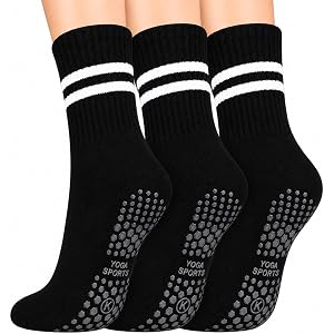 KONY Women's Cotton Non Slip Pilates Yoga Crew Grip Socks, 3 Pairs | silicone sole dots, arch support, mesh ventilation, barr