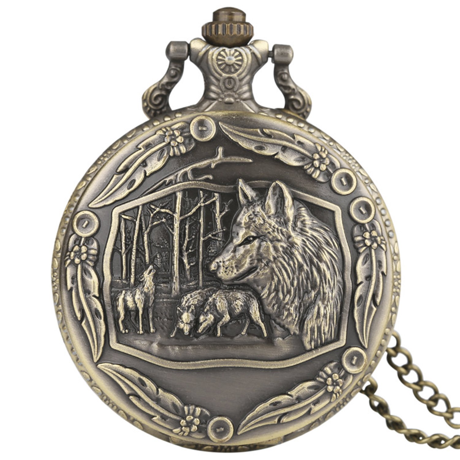 Designer Inspirations Boutique Dogs/Wolf/Wolves with Ornate Border 3D Bronze Effect Antiqued/Vintage Case Men's Quartz Pocket Watch Necklace - On 32" Inch / 80cm Chain