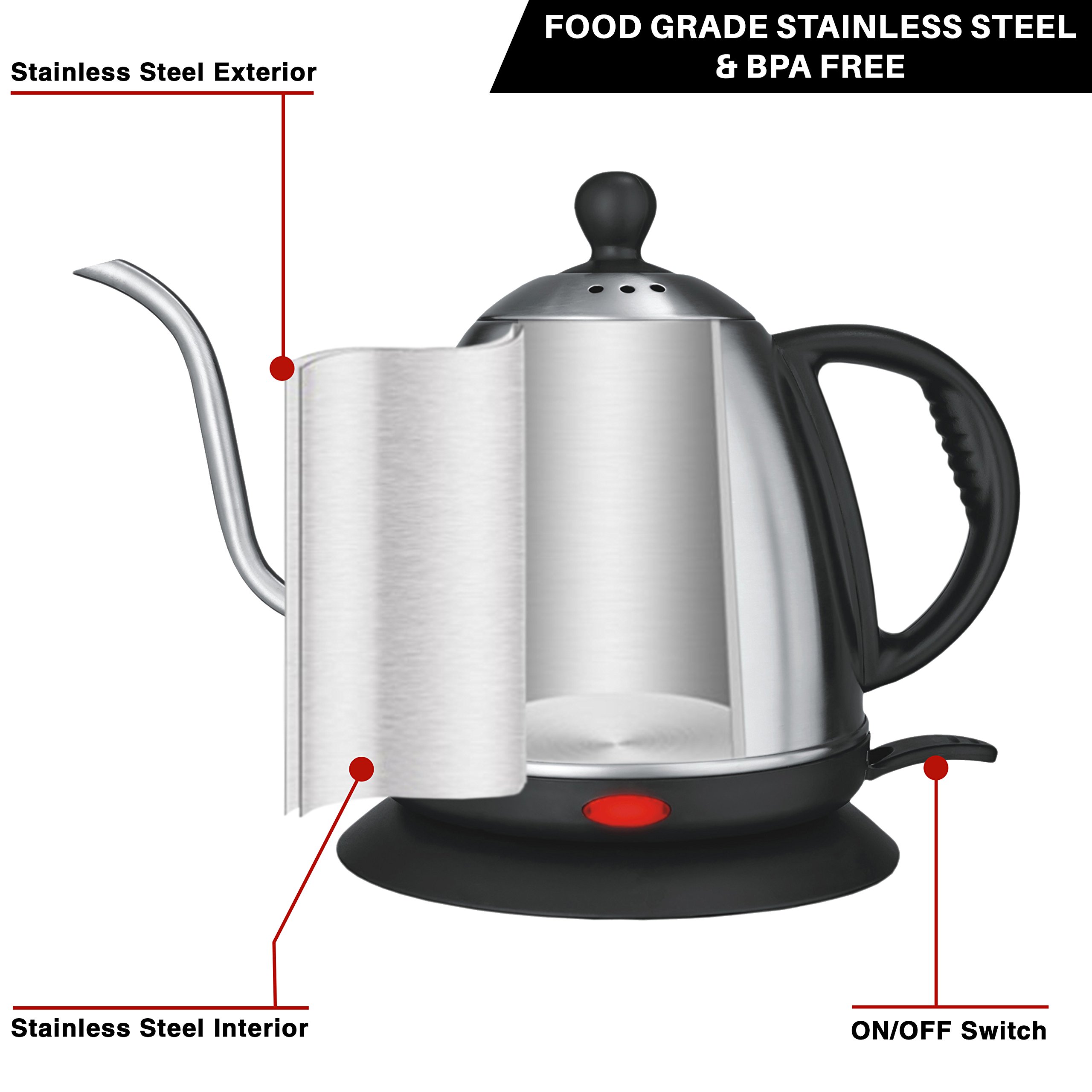 Stainless Steel Electric Kettle 1 L Rust Proof Precise Curved