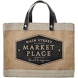 Santa Barbara Design Studio Main Street Farmers Market Tote, Reusable Burlap Grocery Bag with Leather Handle, Purse for Beach