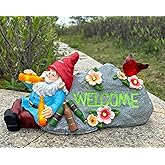 Elegondrar Funny Garden Gnomes Statue with Welcome, Solar Outdoor Gnomes Decorations for Yard, Patio, Lawn, Christmas Birthday Housewaming Gifts for Dad, Men, Husband, Grandpa, 11.8 Inch, Resin