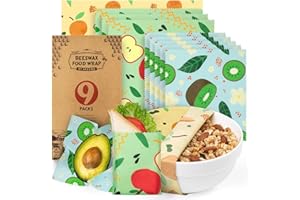 Akeeko Reusable Beeswax Food Wraps - Assorted 9 Packs, Reusable, Plastic-Free Food Storage, 4 Small, 3 Medium, 2 Large Wraps with Assorted Fruits Patterns