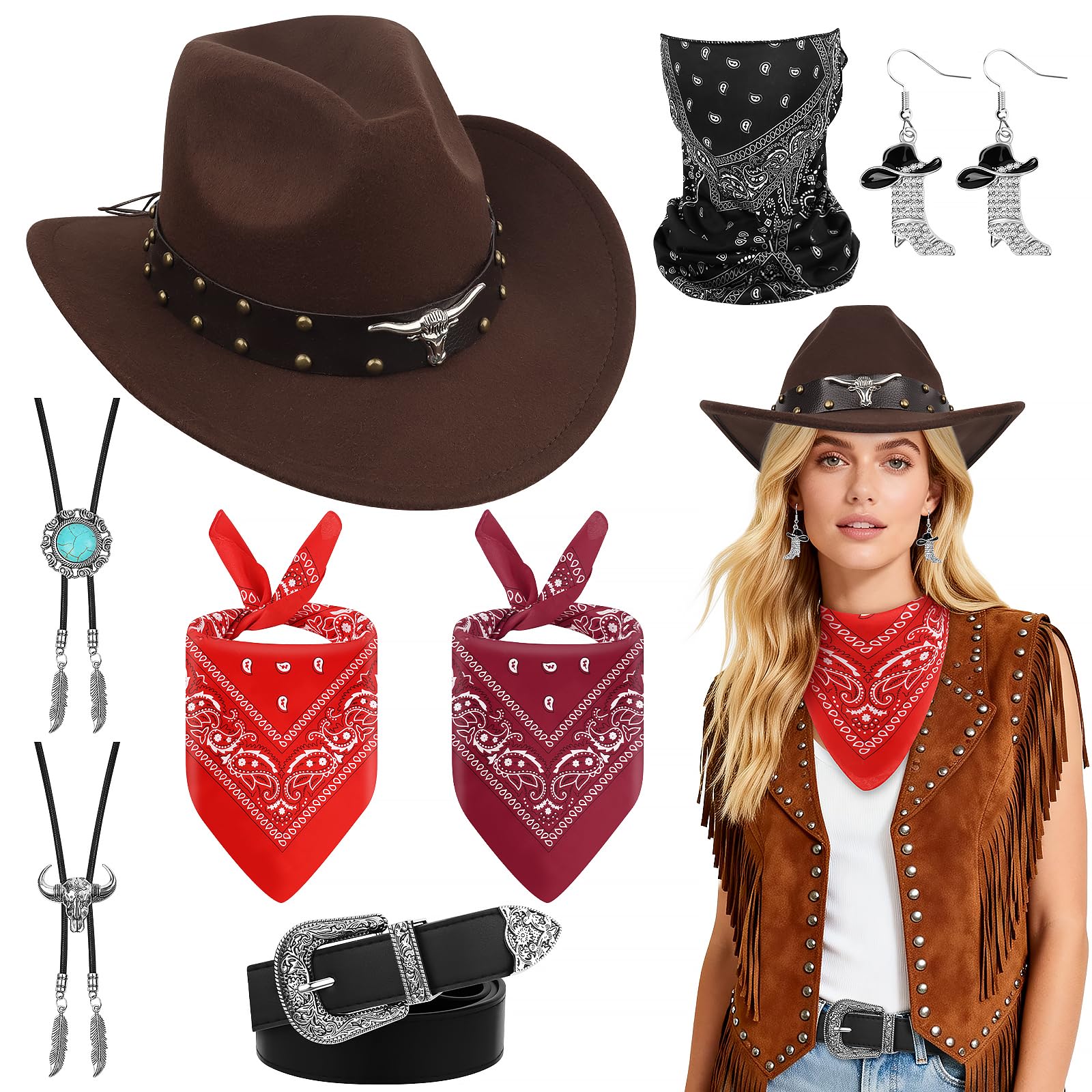 FICOFISE Cowboy Costume Gift Set: 8 Pcs Western Accessories for Women, The Perfect Cowgirl Costume Accessory Set with Hat Necklace Earring Belt Bandana for Cowboy Themed & Valentine's Day