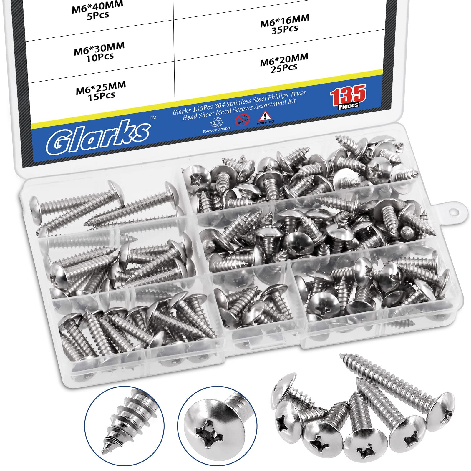 Glarks 135Pcs M6 x 12mm/16mm/20mm/25mm/30mm/40mm 304 Stainless Steel Phillips Truss Head Sheet Metal Tek Screws Assortment Kit, 6 Size Metric Pan Head Self Tapping Wood Screws Set