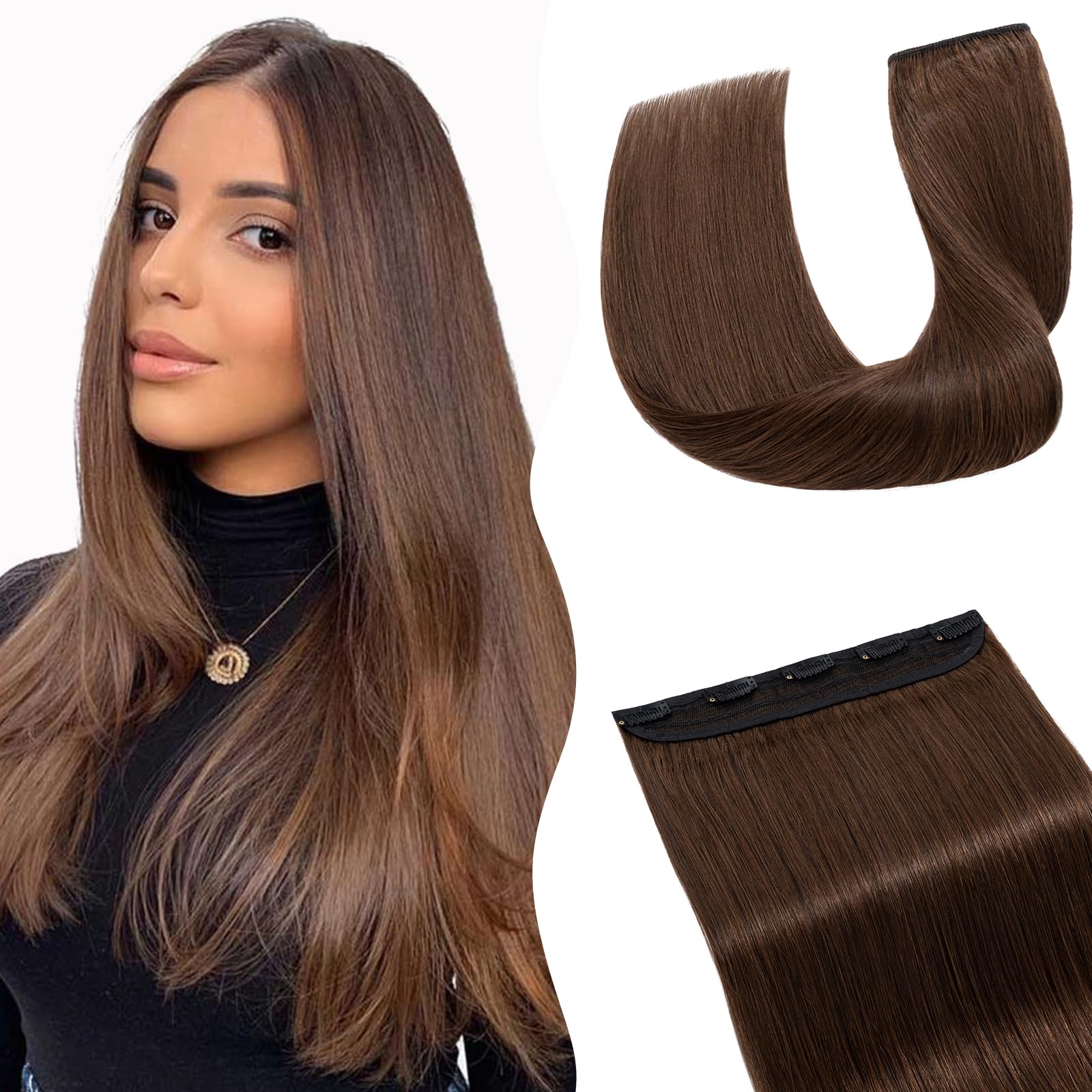 TESS Clip In Hair Extension Medium Brown,Hair Extensions Real Human Hair One Peice 5 Clips Straight Natural Hairpieces for Womens/Girls(#4 Medium Brown,08Inch)