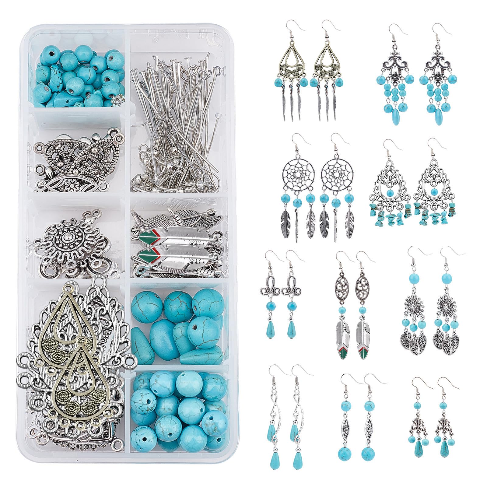 SUNNYCLUE 1 Box DIY 10 Pairs Turquoise Bead Dangle Earrings Making Kit Alloy Enamel Leaf Teardrop Sun Pendants Charms with Eye Pin & Earring Hooks for DIY Earring Jewelery Making