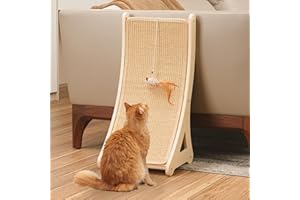PETKARAY Curved Cat Scratcher, Sisal Kitty Scratching Ramp, L Shape Scratch Pad for Indoor Cats, 25.6" Furniture Protector with Mouse Toy