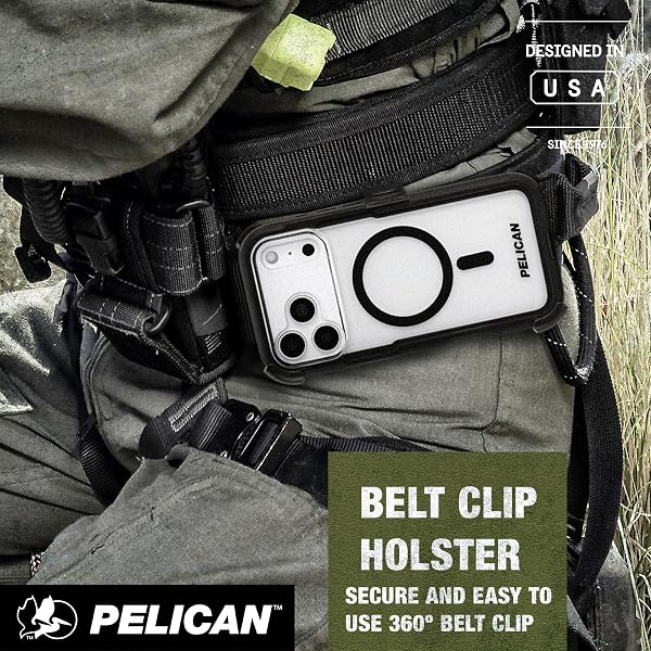 PELICAN VOYAGER IPHONE 17 PRO CASE [COMPATIBLE WITH MAGSAFE] RUGGED PHONE CASE W/ 24FT MILITARY-GRADE DROP PROTECTION – HEAVY DUTY PHONE COVER W/BELT CLIP HOLSTER FOR IPHONE 17 PRO – BLACK/CLEAR