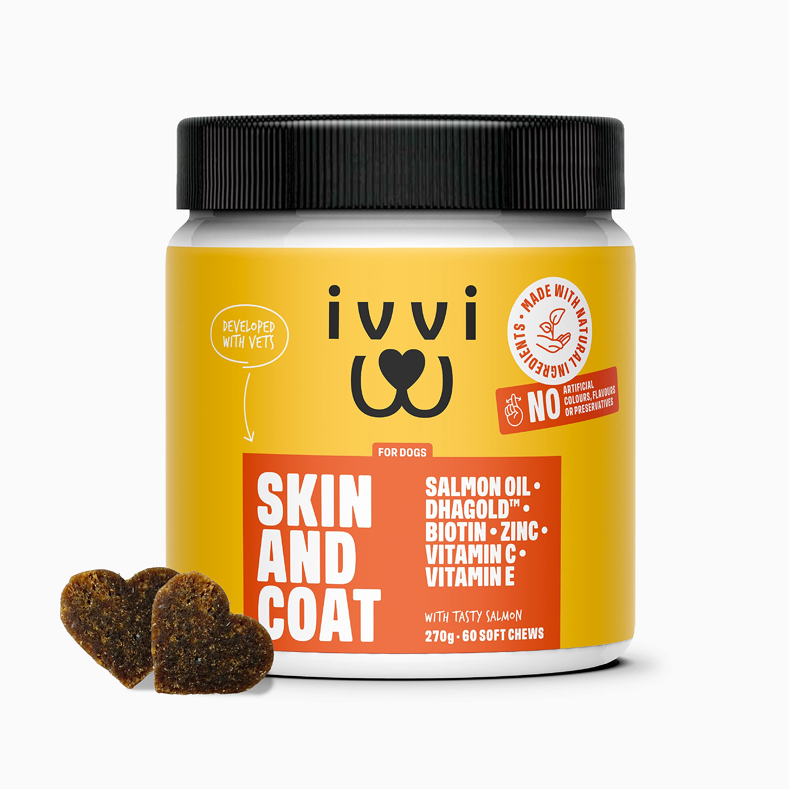 ivvi SKIN & COAT Omega 3 for Dogs Supplement (DHA) with DHAgold, Salmon Oil, Vitamin C & E, Biotin for Dogs – Itchy Skin & Itchy Dog Relief, Dog Allergy Relief, Soft & Shiny Fur - 60 Tasty Soft Chews