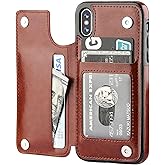 OT ONETOP iPhone Xs iPhone X Wallet Case with Card Holder, Premium PU Leather Kickstand Card Slots Case,Double Magnetic Clasp and Durable Shockproof Cover(Brown)