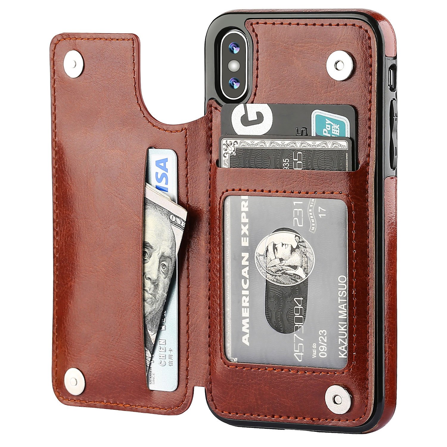 Photo 1 of OT ONETOP iPhone Xs iPhone X Wallet Case with Card Holder, Premium PU Leather Kickstand Card Slots Case,Double Magnetic Clasp and Durable Shockproof Cover(Brown)