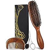 Suroseate Hair and Beard Brush Kit for Men with Natural Boar Bristles and Sapele Wood Ergonomic Handle, Mustache Comb Grooming Gift for Thin Fine Hair Growth, Detangle, Smoothing, Taming, 9.1 Inches