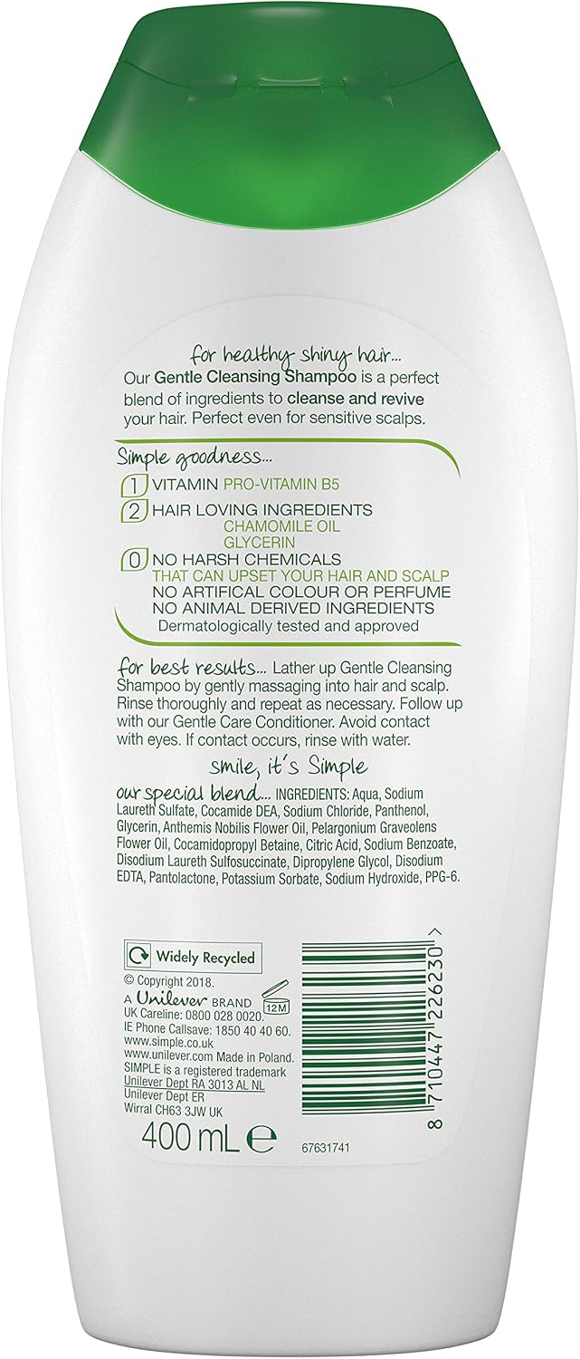Simple Kind to Hair Gentle Cleansing Shampoo with vitamin B5, chamomile oil, and glycerin hair care for healthy shiny hair 6x 400 ml - Image 4