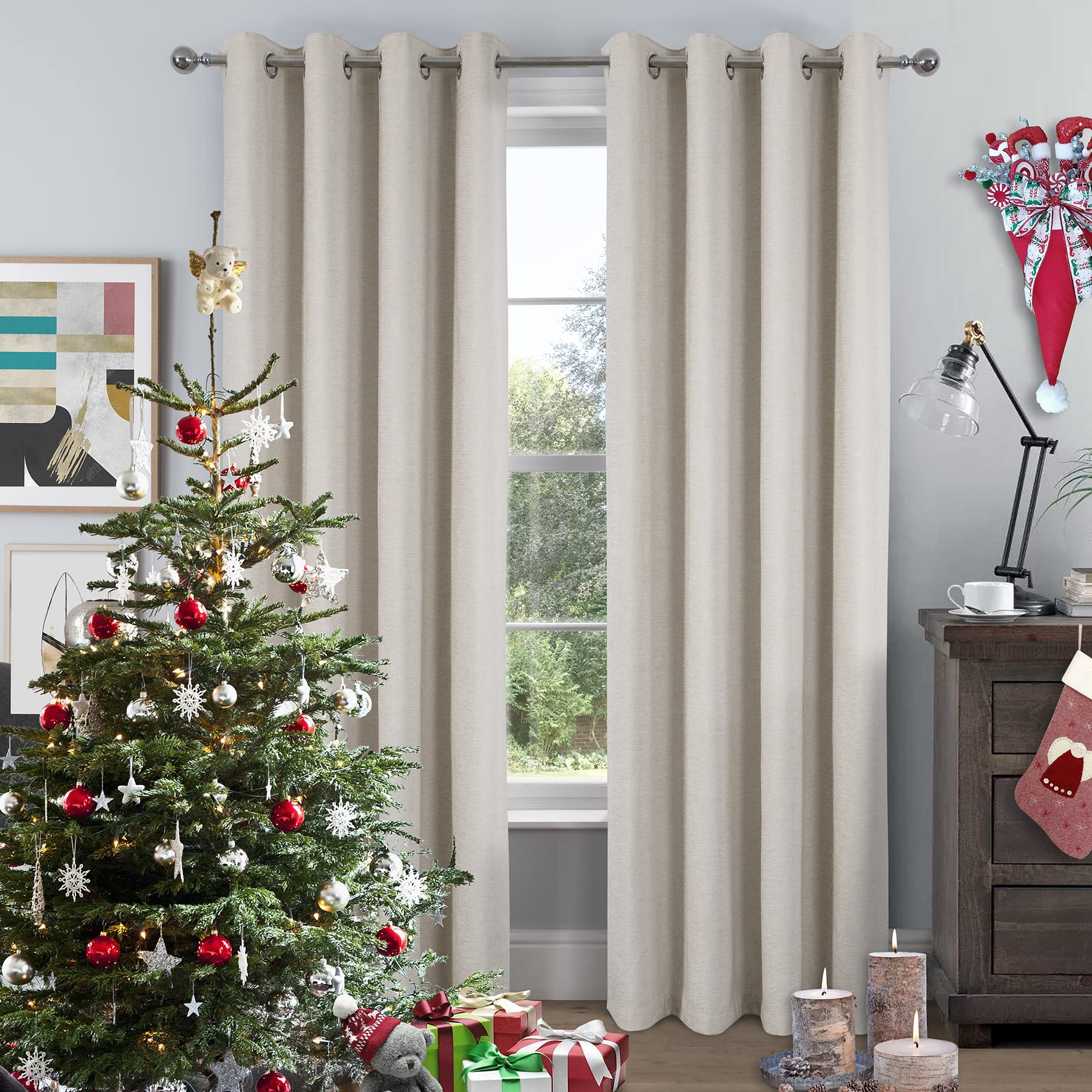 always4u Chenille 100% Blackout Curtains Eyelet Linen Thermal Insulated Curtain Solid Modern Home Decoration Drapes Chenille for Living Room Bedroom 1 Pair Beige 46 * 72