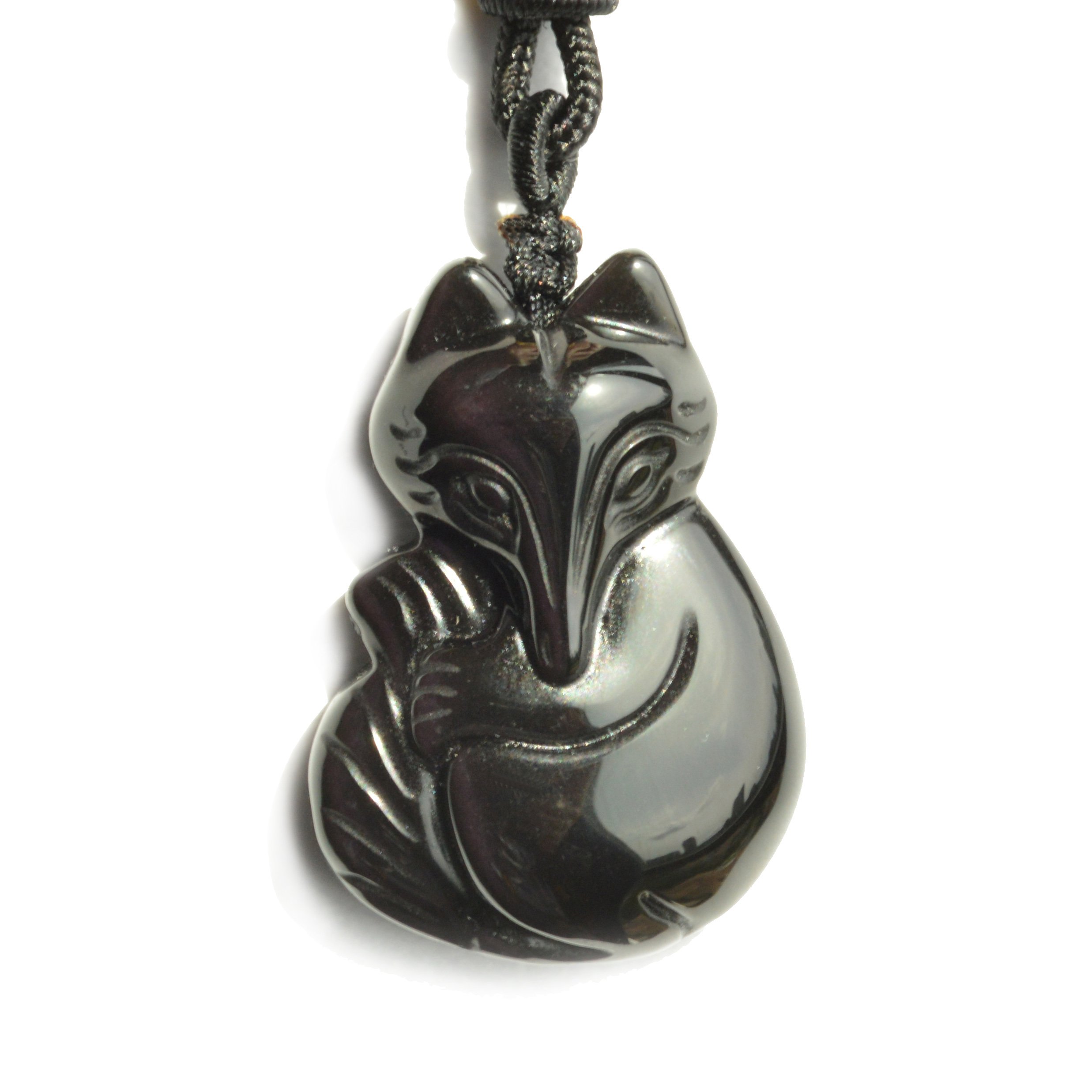 Bella Jade Fox Pendant Necklace Amulet/Talisman, Made of Obsidian Gemstone, with Necklace Cord