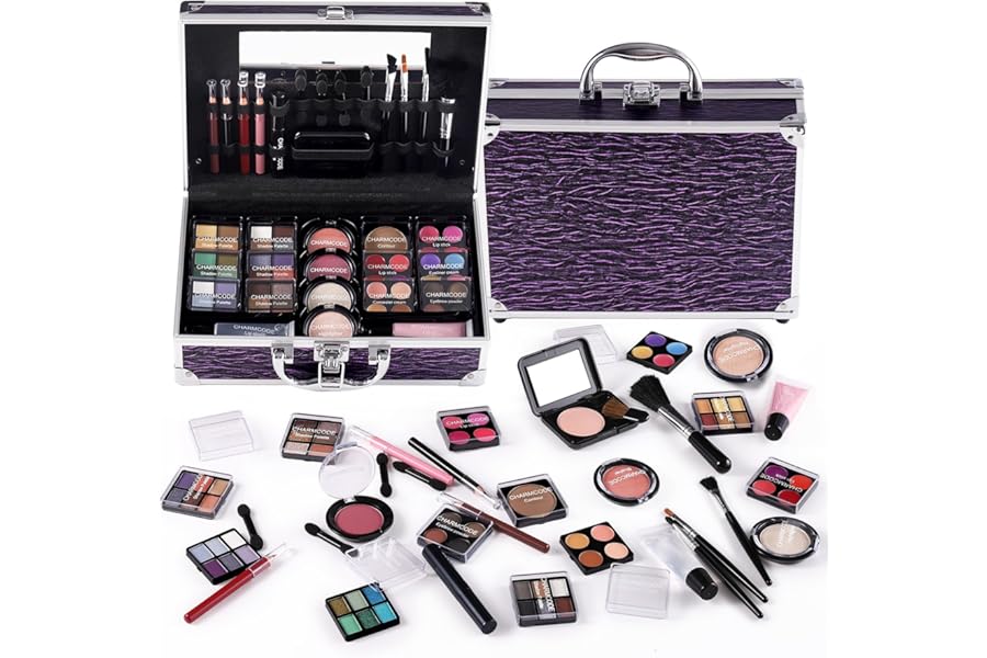 Makeup Kit for Teen Girls & Women Full Kit, Beauty Train Case with Starter Cosmetic Set, Make Up Christmas Gift Box with Eyeshadow,Lipgloss,Highlighter,Blush,Lip&Eye Pencils,Brush & More(Purple)