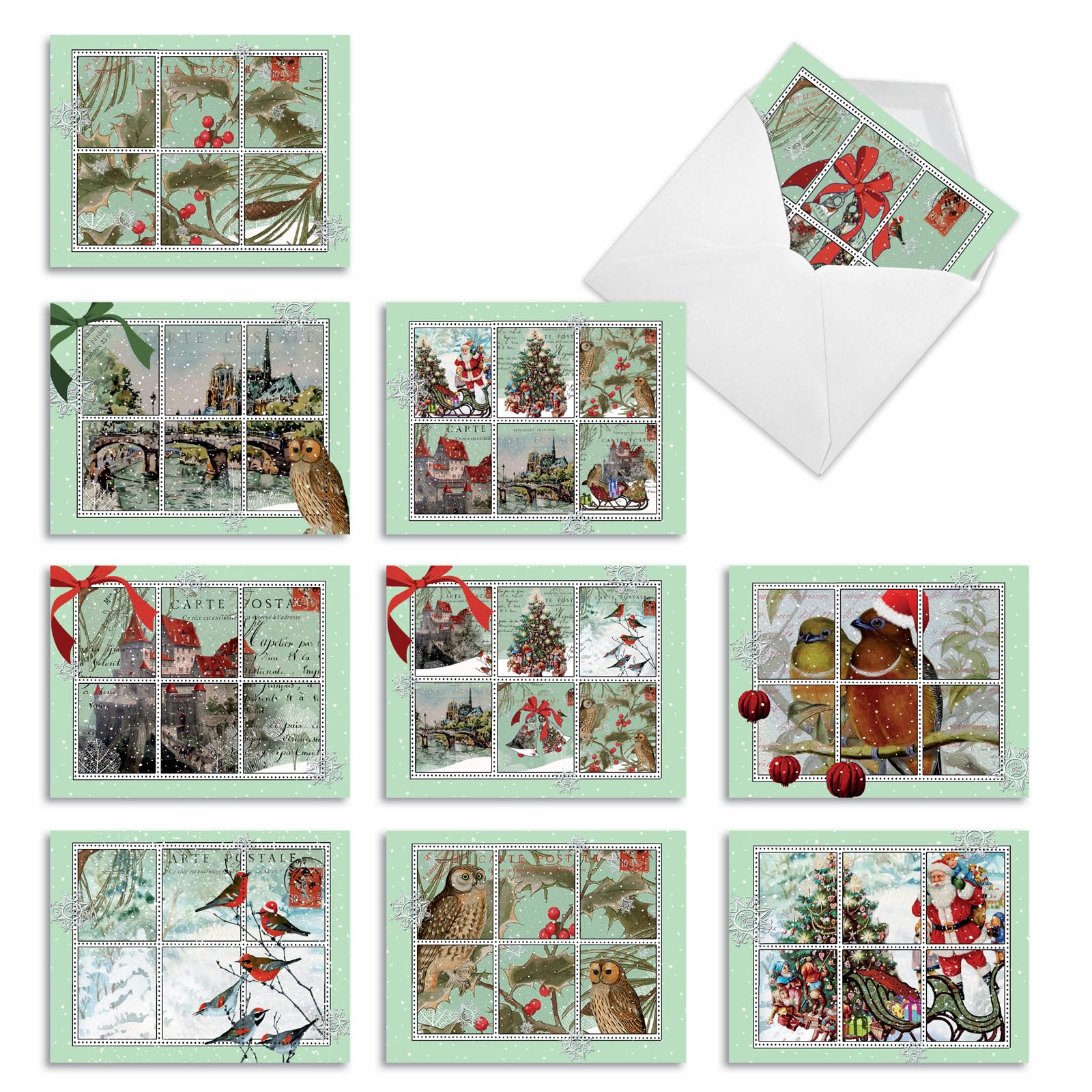 The Best Card Company 10 Assorted Christmas Notecards Bulk Box Set 4 x 5.12 Inch with Envelopes (10 Designs, 1 Each) Merry Mail M9629XSG.