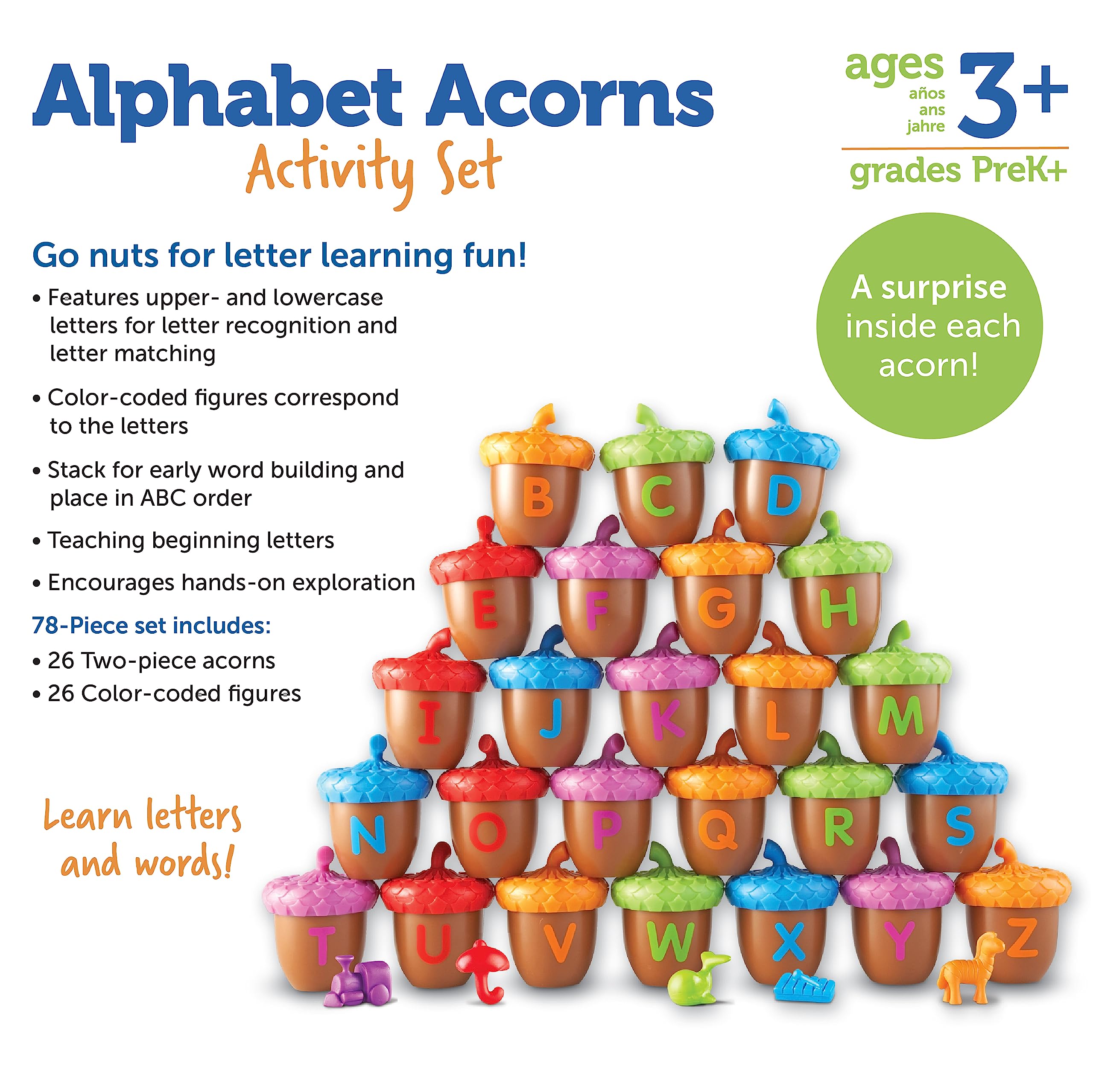 Learning Resources Alphabet Acorns Activity Set, Develops Letter Recognition, Educational Toys for Toddlers, Homeschool, Visual & Tactile Learning Toy, 78 Pieces, Ages 3+