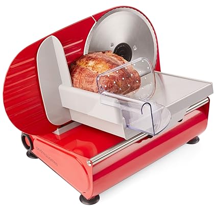 Andrew James – Elektrische Präzisions-Aufschnittmaschine Allesschneider in Rot – 19cm Klinge + 2 Extra Klingen für Brot und F