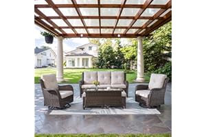 Belord Wicker Outdoor Furniture Patio Furniture Set - 6 Piece Patio Conversation Set with Swivel Rocker Chairs, Rattan Sofa, Ottomans and Coffee Table, Beige Cushion