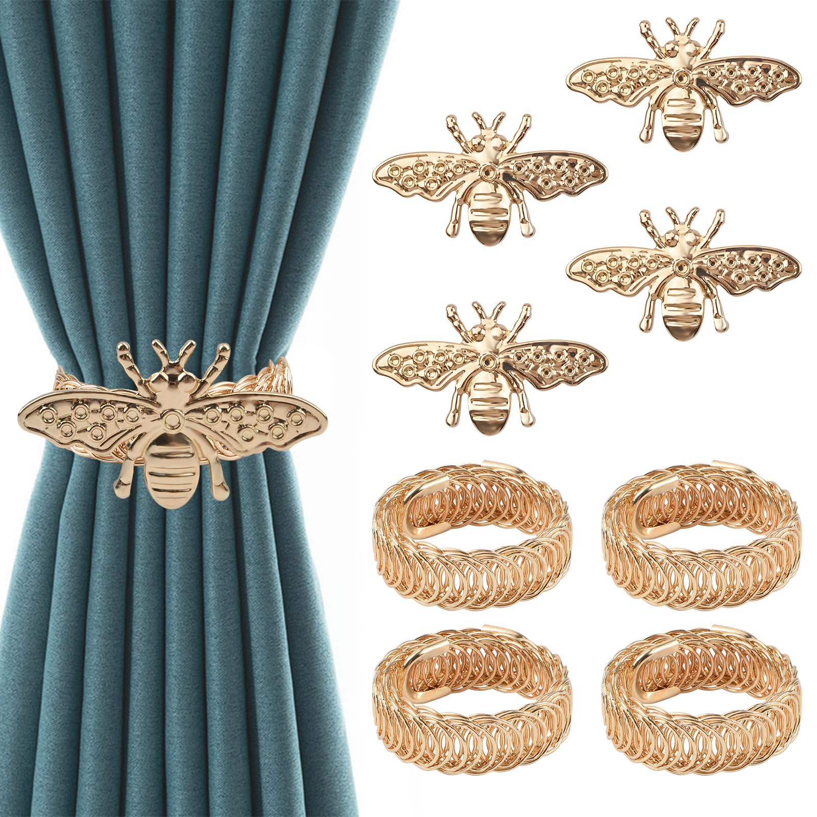 UFURMATE Gold Bee Curtain Tiebacks, 4Pcs Metal Drapery Holdback Modern Simple Style Curtain Tie Backs Strenchy Wire Rope Curtain Straps for Home Decor (Lengthened Straps)