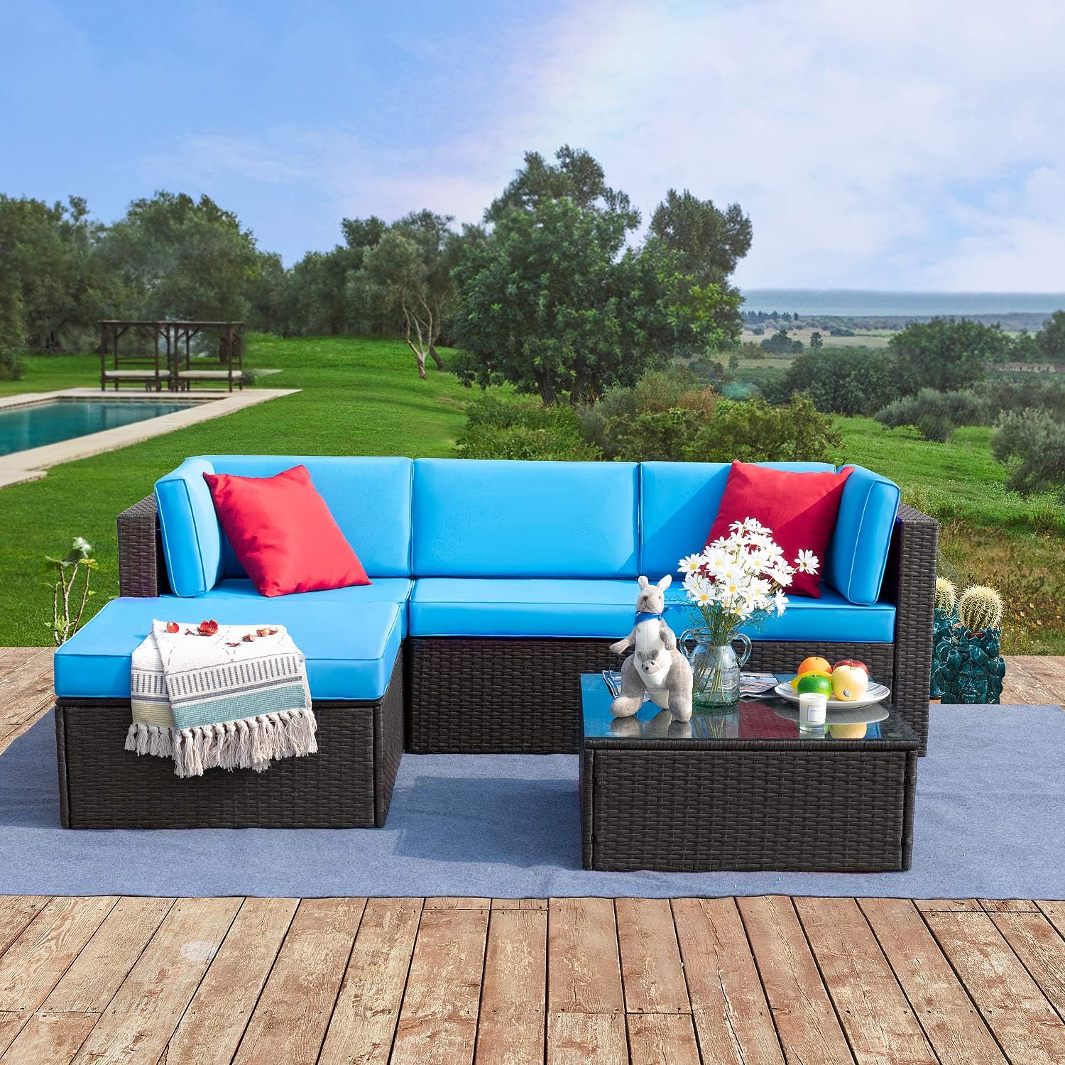 Tuoze 5 Pieces Patio Furniture Sectional Set Outdoor All-Weather PE Rattan Wicker Lawn Conversation Sets Cushioned Garden Sofa Set with Glass Coffee Table (Blue): Garden & Outdoor