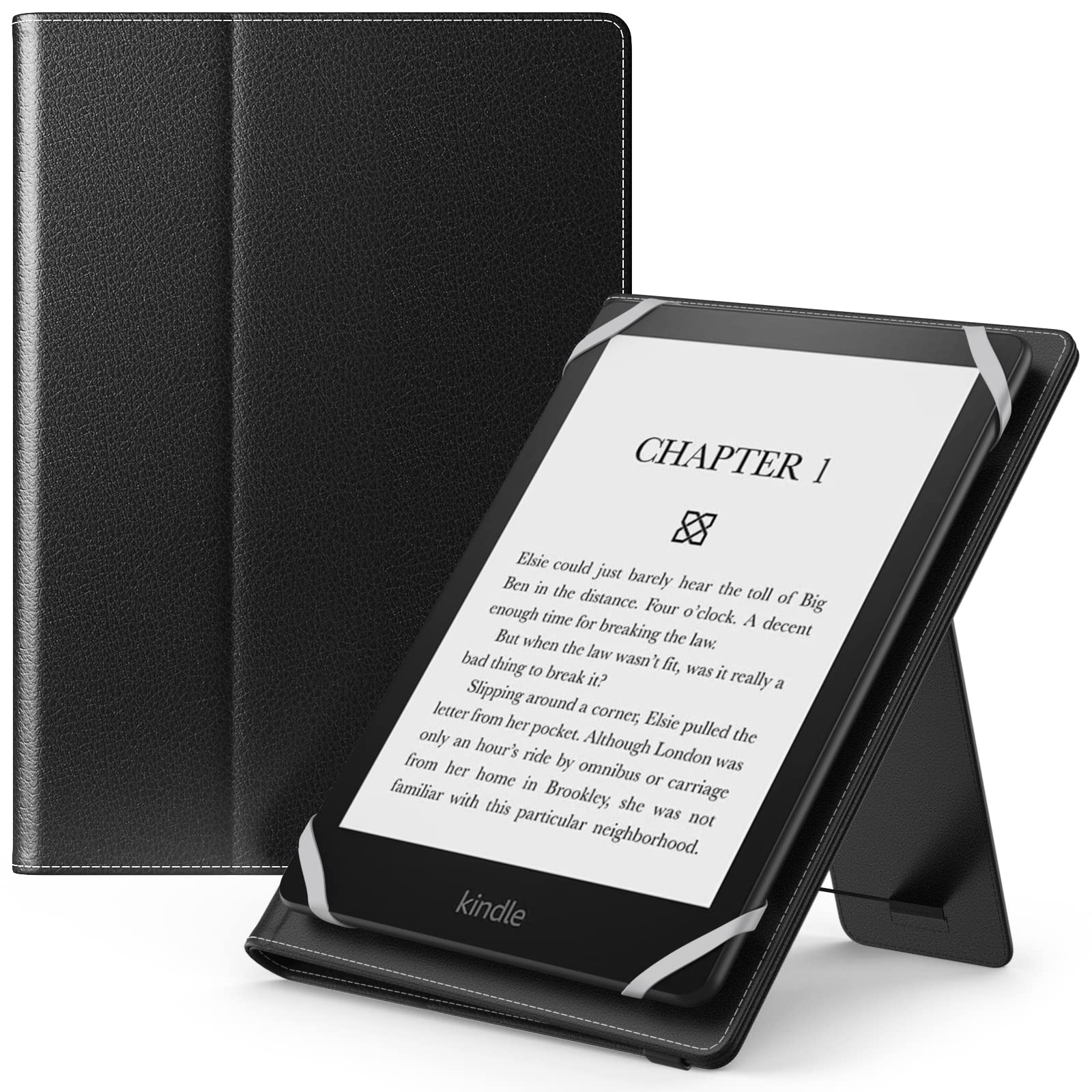 MoKo Universal Case for 6",7" Kindle eReaders - Kobo/Voyager/Lenovo/Sony, Lightweight PU Leather Folio Shell Cover Case, with Hand Strap/Kickstand, Black — image 1