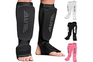 ELITE SPORTS MMA Shin Pads for Muay Thai and Kickboxing, Protective Shin Guards with Instep Guard for Sparring and Training, for Adults, Kids, and Youth