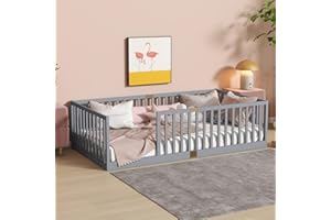 Tatub Twin Floor Bed with High Rails and Convertible Enterway, Solid Wood Cama Montessori Bed Without Slats for Kids, Boys and Girls