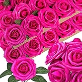 50pcs Hot Pink Artificial Flowers Fuchsia Foam Fake Rose with Stems 12 Leaves Real Looking Faux Dark Pink Roses for Wedding Bouquets Bridal Shower Centerpieces Arrangements Party Tables Decorations