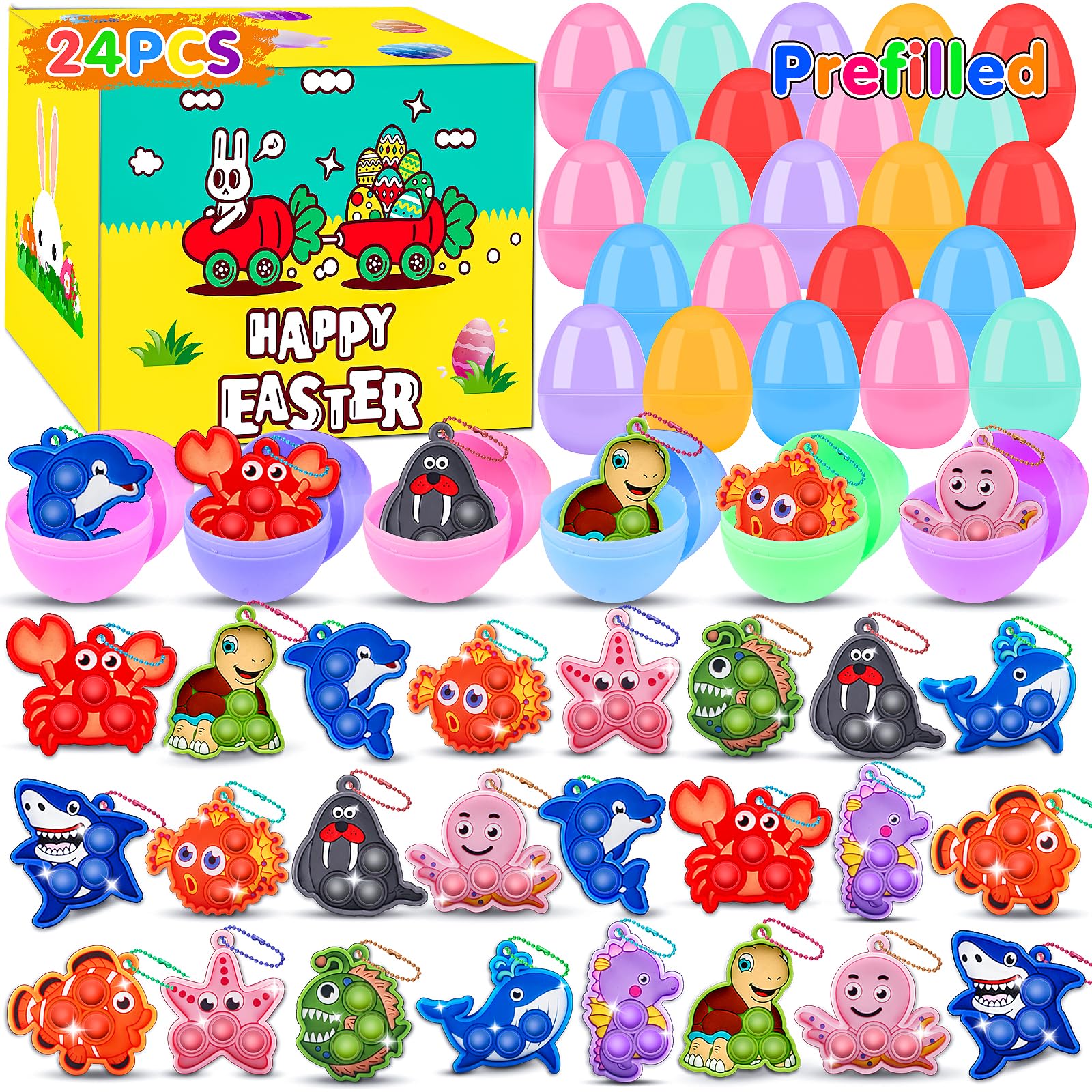 Photo 1 of 24 Pack Prefilled Easter Eggs with Toys,2.7inch Easter Eggs Filled with Sea Animal Pop Toys,Easter Basket Stuffers for Kids,Prefilled Eggs for Easter Egg Hunt