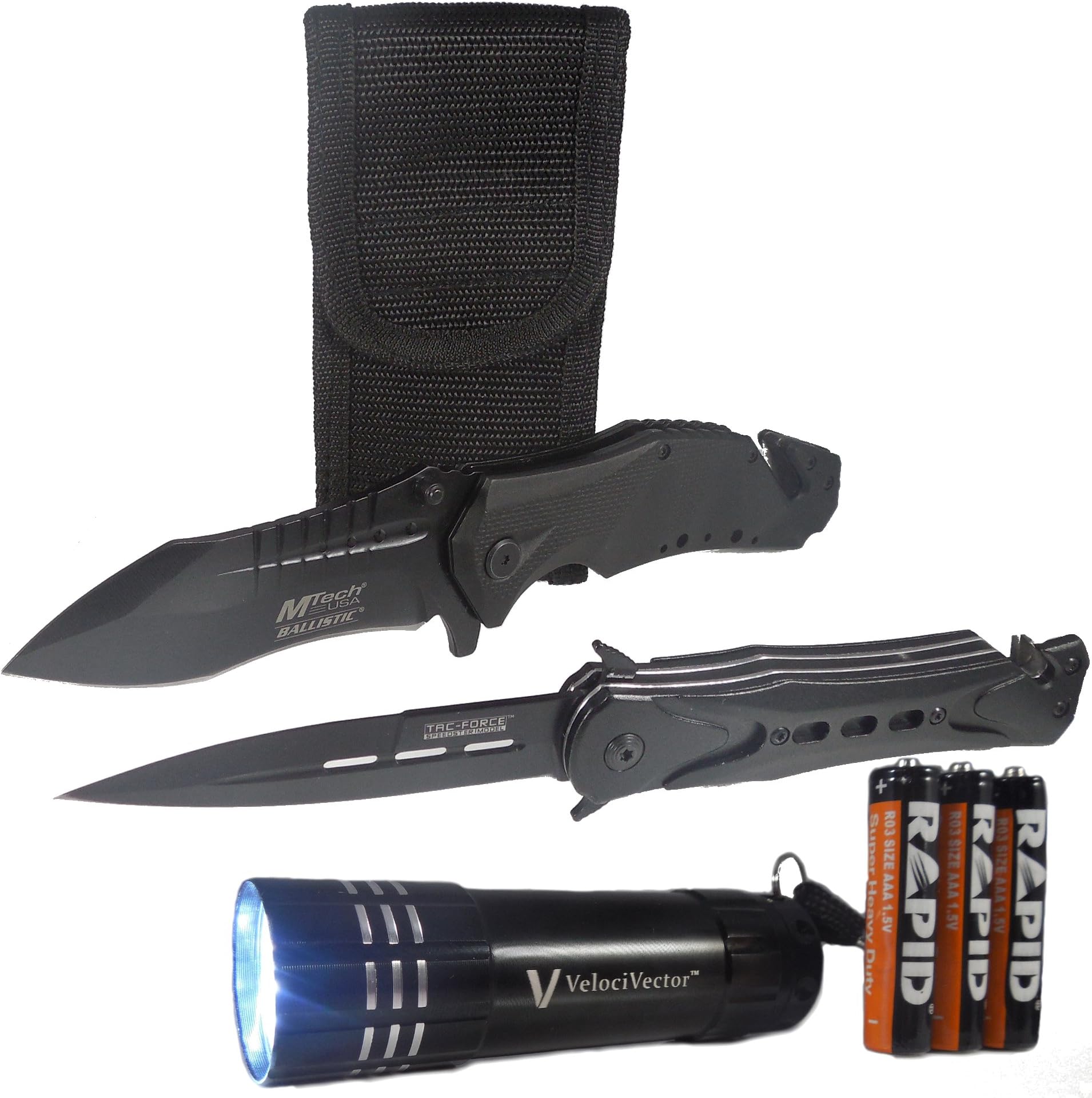 VelociVector Tanto Tactical Folding Pocket Knife with LED Flashlight and Belt Sheath TAC Force Mtech Knives Hunting and Survival Bundle 4 pc. Set