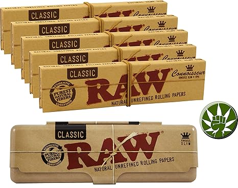 RAW KS Tin Blechdose für Longpapers inkl 5X Kingsize Slim Classic Connoisseur Papers und Tips + Fight 4 Legal Ansteck Button 