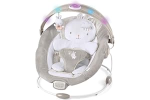 Ingenuity InLighten Baby Bouncer Infant Seat with Light Up -Toy Bar, Vibrations, Tummy Time Pillow & Sounds, 0-6 Months Up to 20 lbs (Twinkle Tails Bunny)
