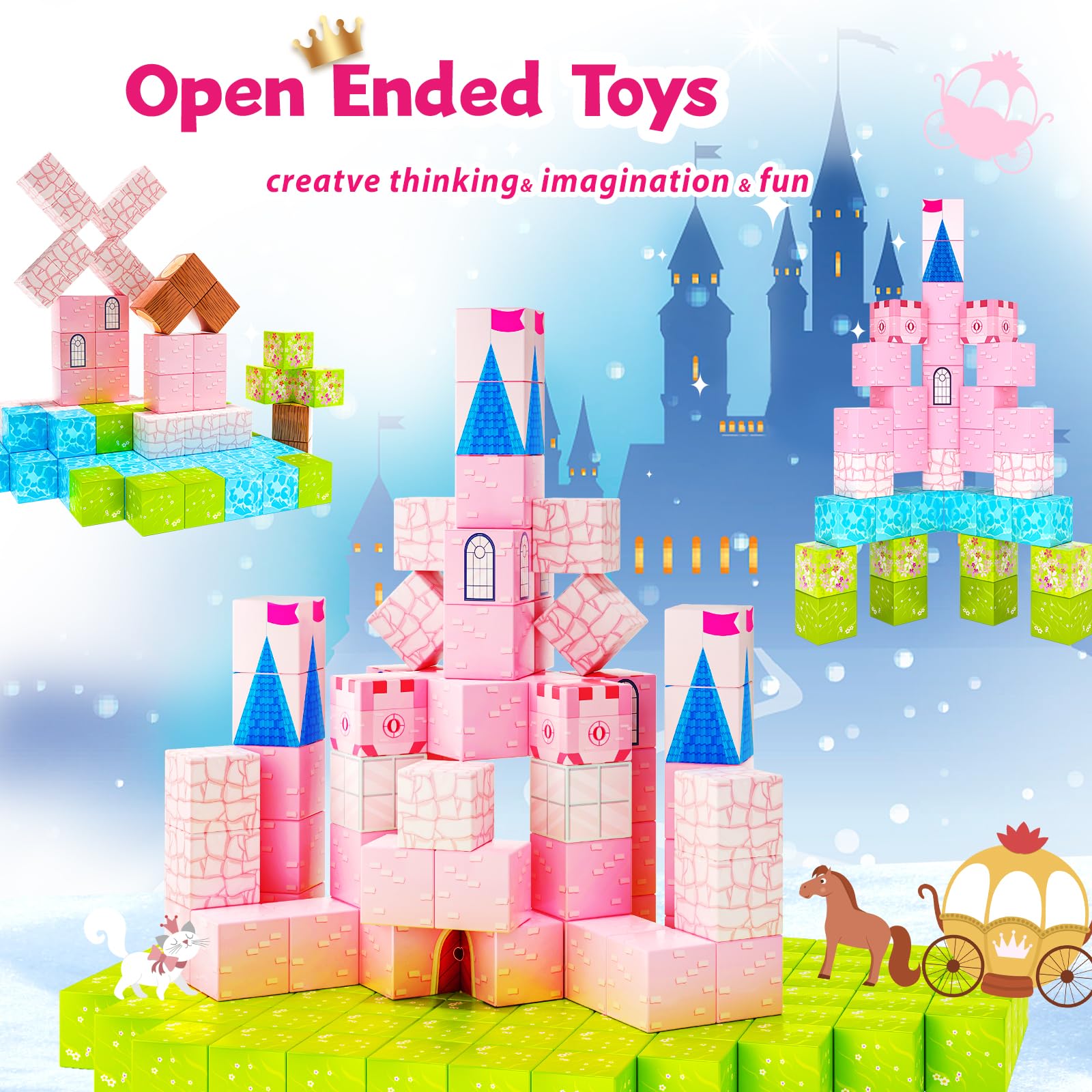 Hiwawind 64 Pcs Magnetic Blocks-Princess Castle Collection World,Magnetic Building Blocks for 3+ Year Old Boys & Girls, Creative STEM Sensory Toys,Christmas Birthday Gifts for Kids Ages 3-8