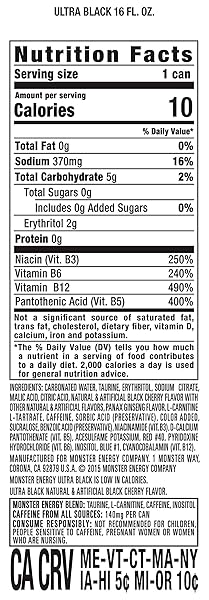MONSTER ENERGY ULTRA BLACK, SUGAR FREE ENERGY DRINK, 16 OUNCE