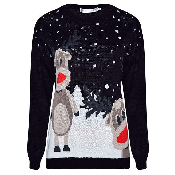 FK Styles Unisex Weihnachtspullover Rudolph Drucken 3D Nase Pom Pom