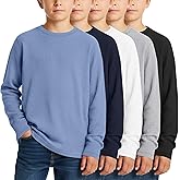 LessonZoo 5 Pack Boy's Long Sleeve Shirts, Waffle Knit Crew Neck Tops T-Shirts Basic Layer Undershirts 5-14 Years Kids