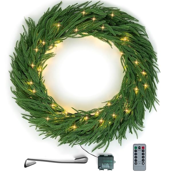 NUPTIO LARGE CHRISTMAS WREATH WITH LIGHTS: 36 INCH PRELIT REAL TOUCH NORFOLK PINE WREATHS WITH HOOK FOR OUTDOOR FRONT DOOR – REALISTIC XMAS DECORATIONS 100 LED 8-MODE WITH REMOTE TIMER FOR HOLIDAY