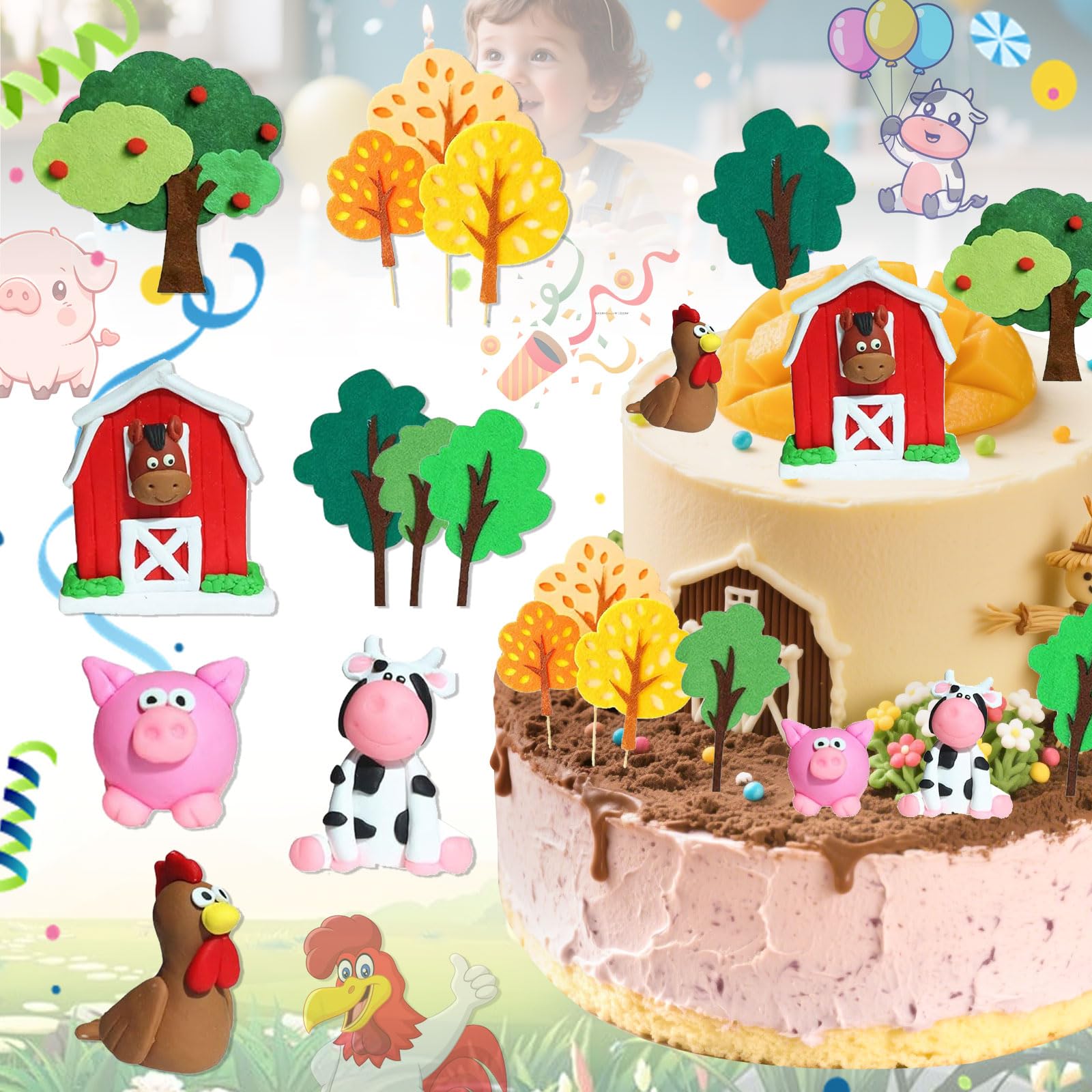 SUpoetry Pack of 11 Farm Animal Cake Toppers, Party Cake Decoration, Farm Animal Cake Decoration, Suitable for Children's Birthdays, Family Gatherings, Multicolored