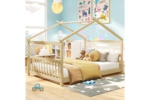 Giantex Full Size Floor Bed, Solid Wood Montessori House Bed with Roof, Headboard and Footboard, Low Full Bed Frame for Kids Teens Girls Boys, No Box Spring Needed, Natrual