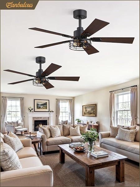 FANBULOUS 2 PACK FARMHOUSE 42 INCH CEILING FANS WITH LIGHTS, BLACK INDUSTRIAL CAGED CEILING FANS FOR BEDROOM LIVING ROOM, DOUBLE-SIDED 5 BLADES RUSTIC CEILING FAN