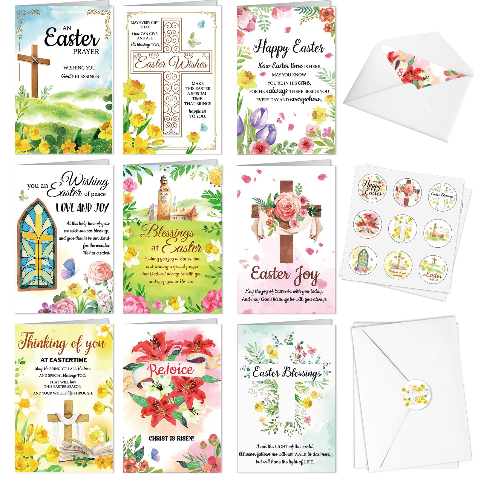 DPKOW 18pcs Religious Easter Cards Multipack, Christian Happy Easter Greeting Cards with Envelopes and Sealing Stickers for Kids and Family