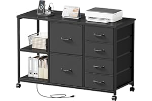 6 Drawer File Cabinet with Charging Station Rolling Printer Stand with Open Storage Shelf Fabric Lateral Filing Cabinet for H