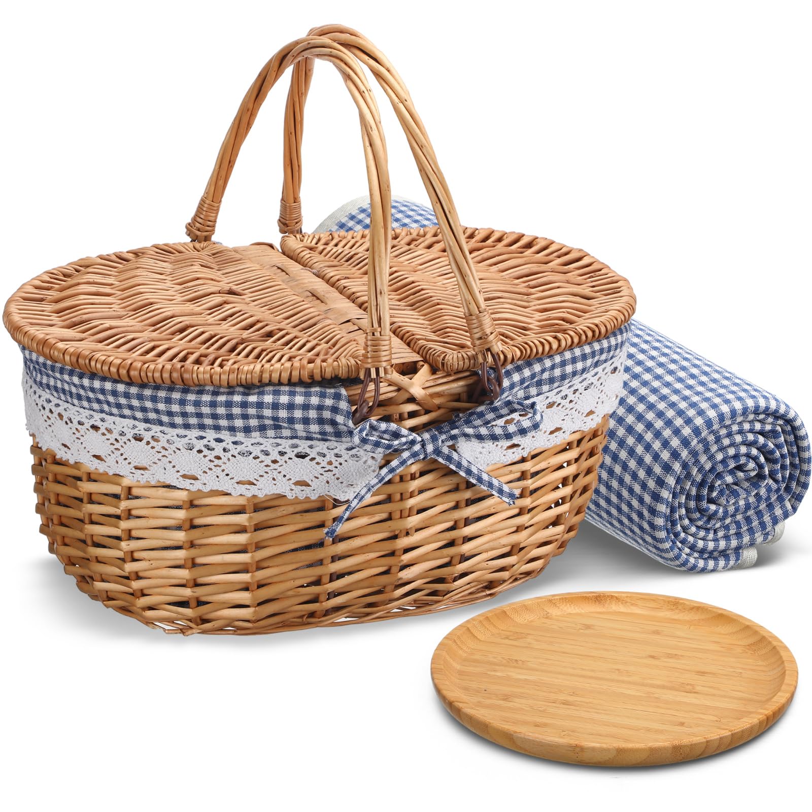 Photo 1 of Gandeer Picnic Basket with Blankets and Bamboo Plates Picnic Supplies Set Basket with Lid and Handle Wicker Picnic Basket(Blue)
