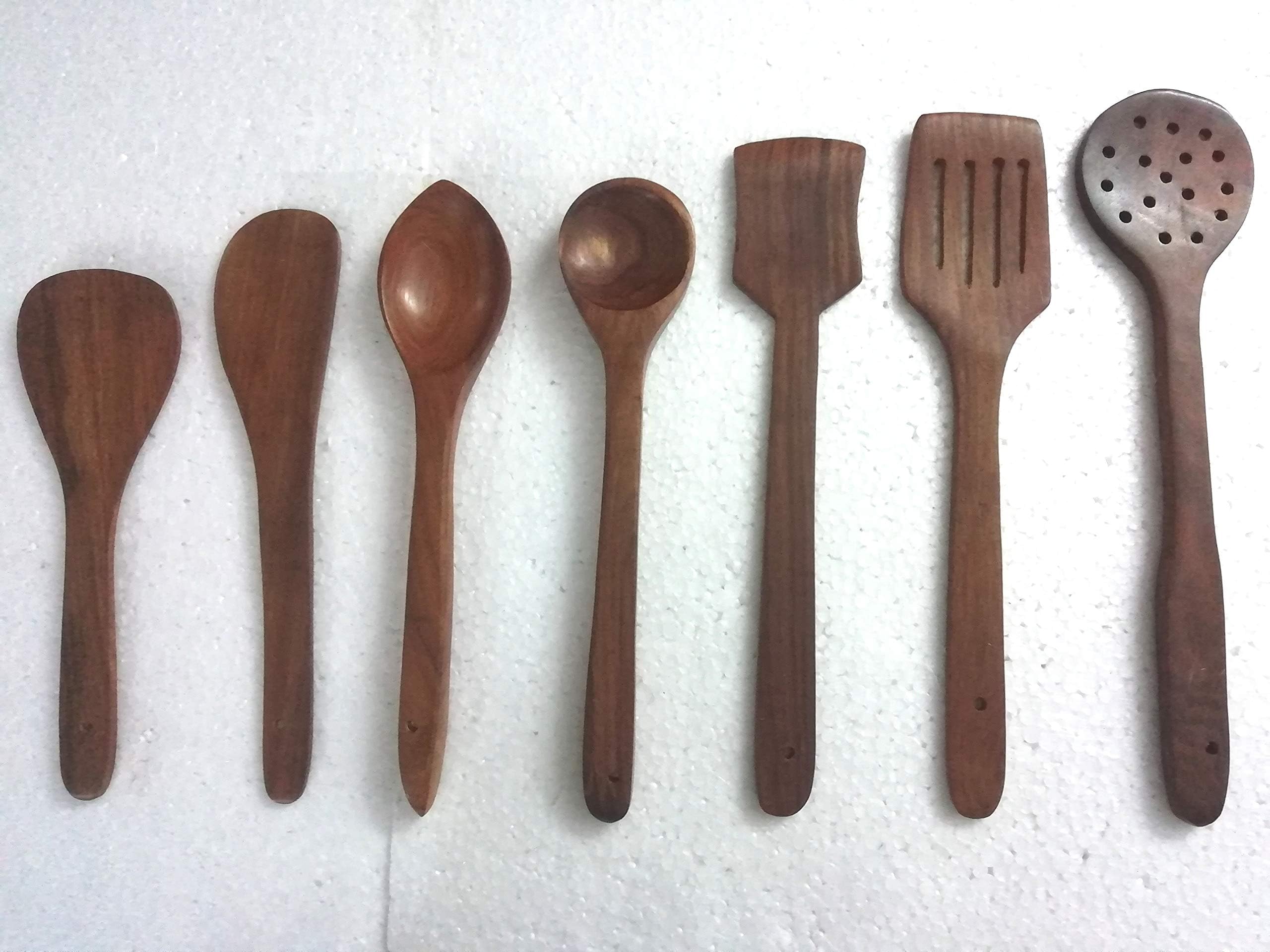 Craftgasmic Wooden Spoon Set of 7 | 2 Frying, 1 Serving, 1 Spatula, 1 Chapati Spoon, 1 Desert, 1 Rice,(Holder not include )