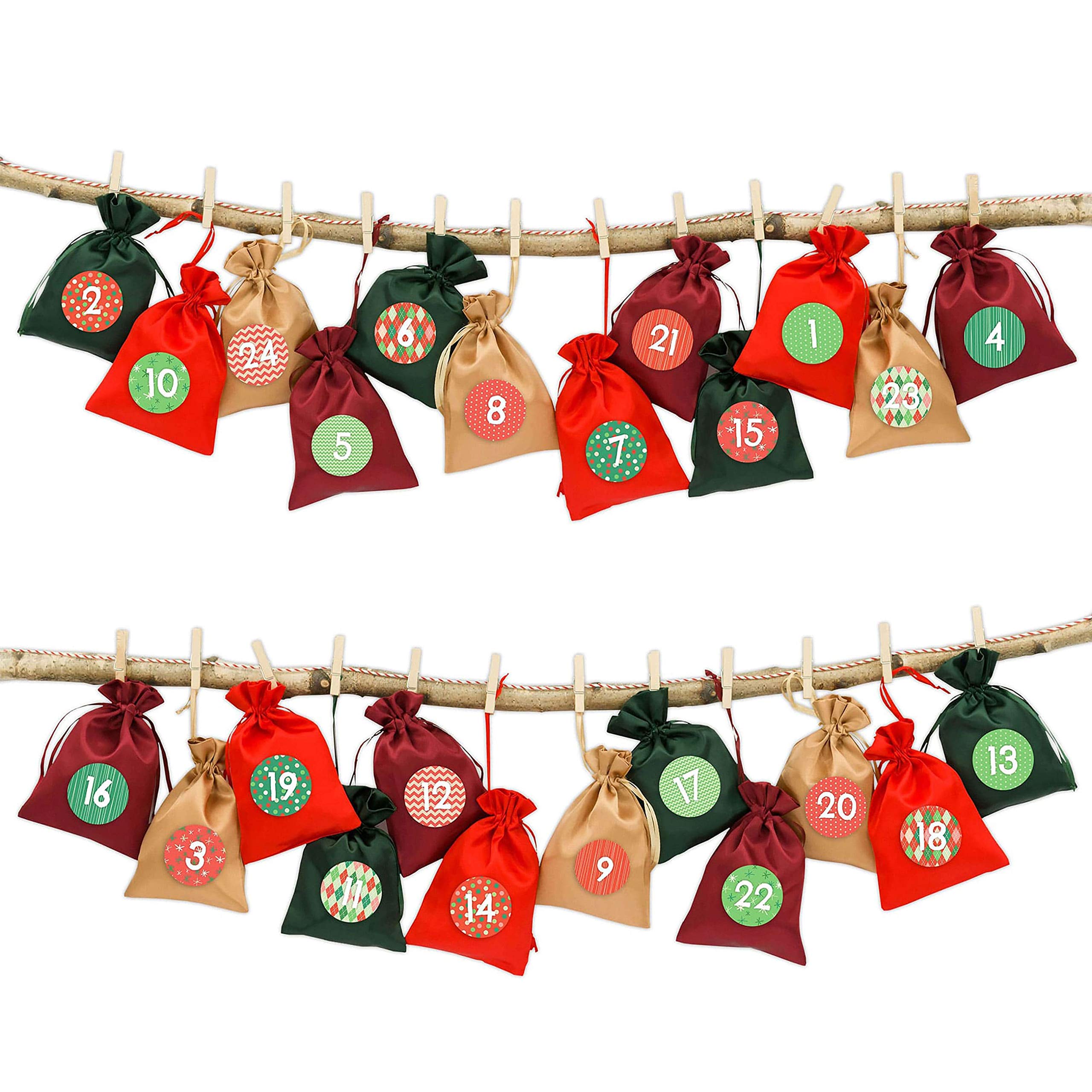 Papierdrachen 24 Advent calendar fabric pouches for you to craft for yourself - with bakers twine and wooden clips - decorative fabric pouches - traditional Christmas No. 10