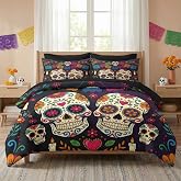 SOSIANTH Queen Comforter Set with Sheets, 7 Pieces Skull Floral Bedding | Bed in A Bag, 2 Pillowcases & 2 Shams for Kids and Adults, Mexican Halloween Colorful, All Season