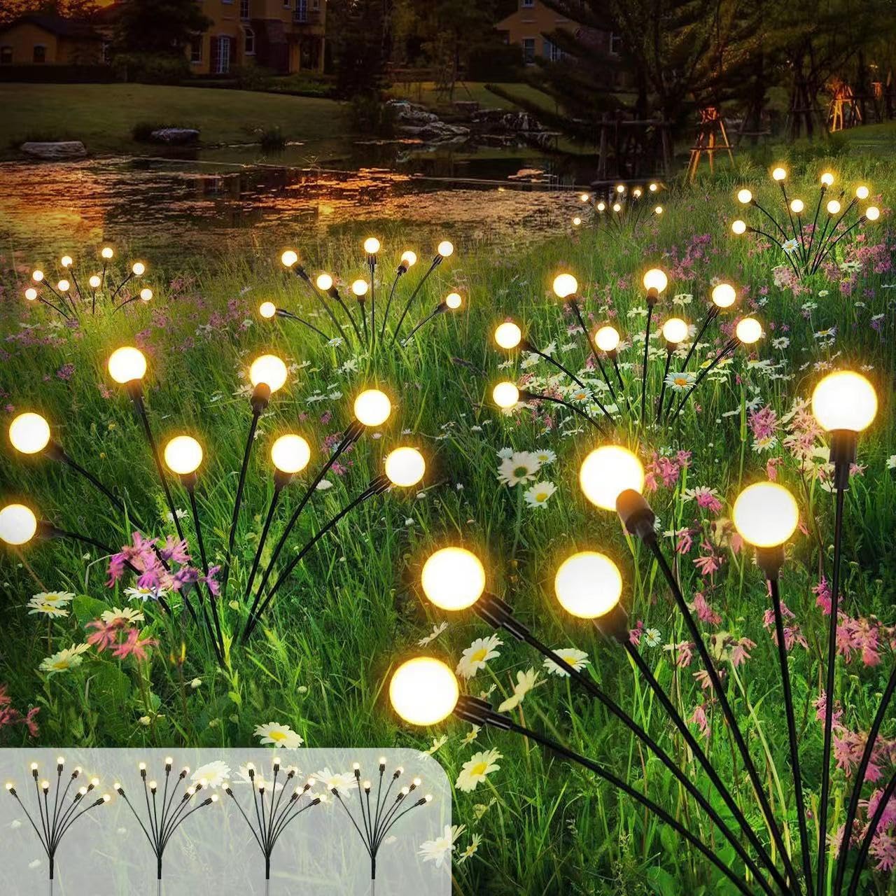 Kizozo Firefly Solar Lights Outdoor Garden 4PACK 32LED, Garden Ornaments Decoration IP65 Waterproof, Outdoor Solar Lights, Warm White